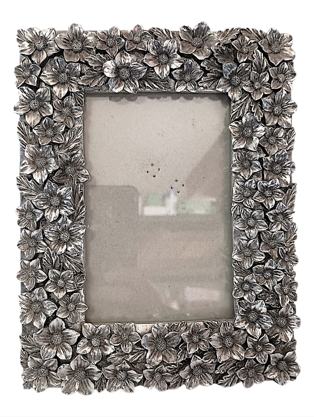 Vtg Applied Floral Picture Frame Silver Tone Resin Flower Photo Frame‎ Cottage